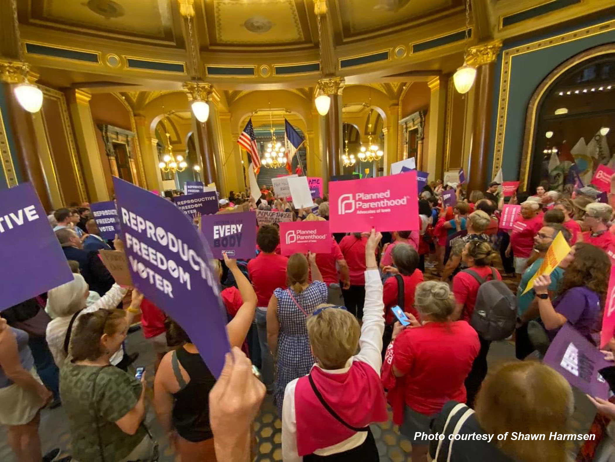 Advocates rally at the State Capitol July 11 against new abortion restrictions. Photo by Shawn Harmsen